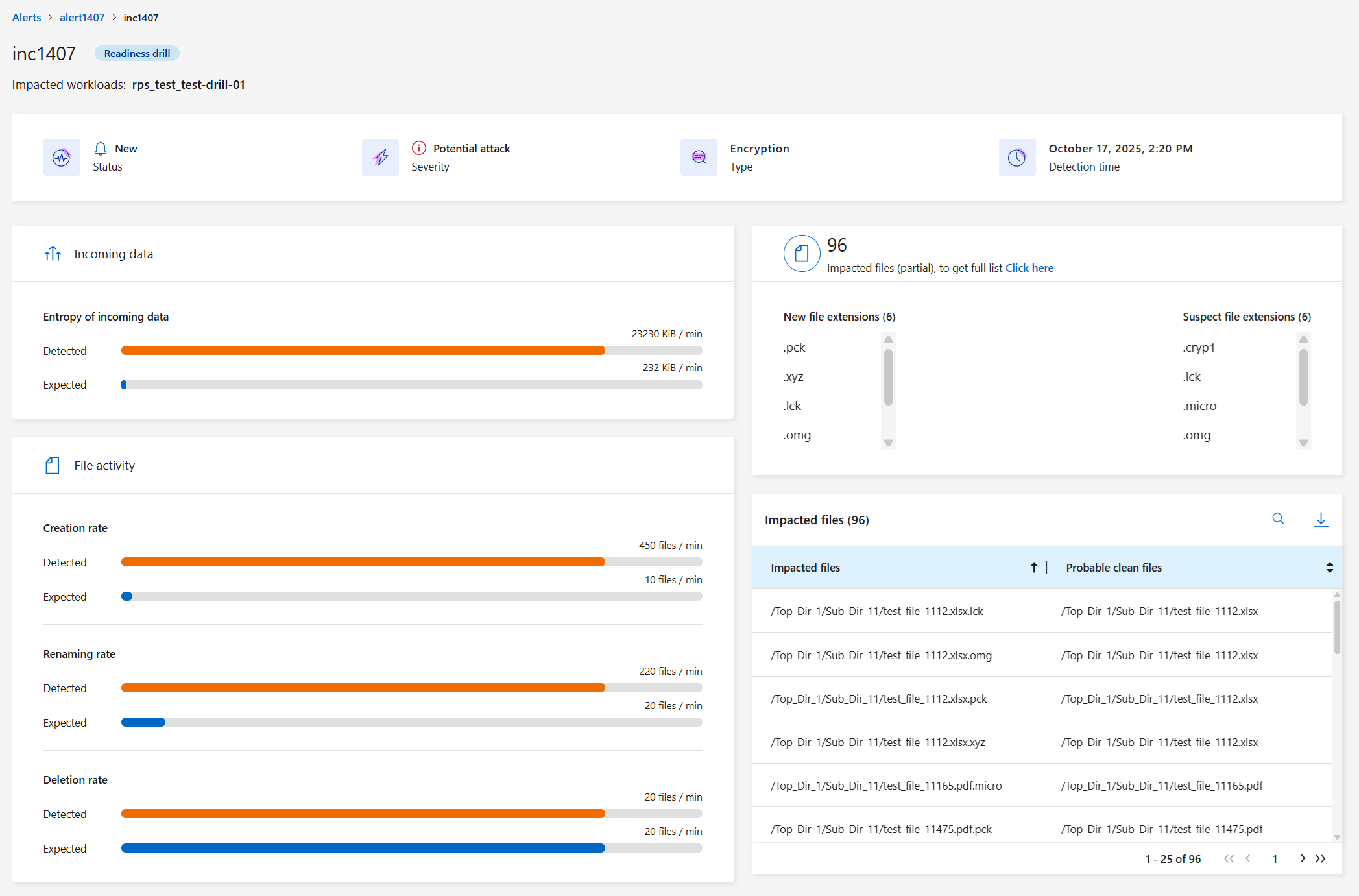 準備訓練の警告を表示するインシデントページ