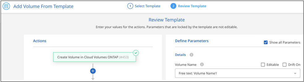 テンプレートからボリュームを作成するために定義する必要があるパラメータを示すスクリーンショット。