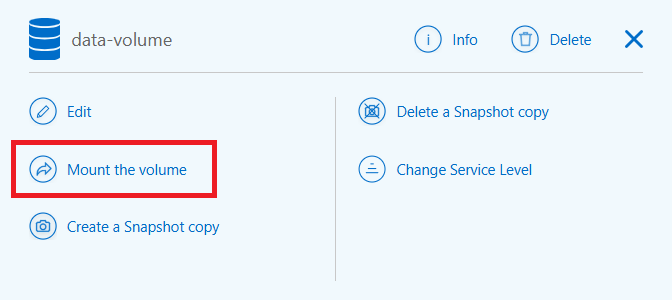 ボリュームの上にカーソルを置いたときに実行できる操作のスクリーンショット。