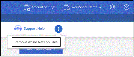 Azure NetApp Files の削除をクリックして、 Cloud Manager インターフェイスからボリュームを削除するスクリーンショット。