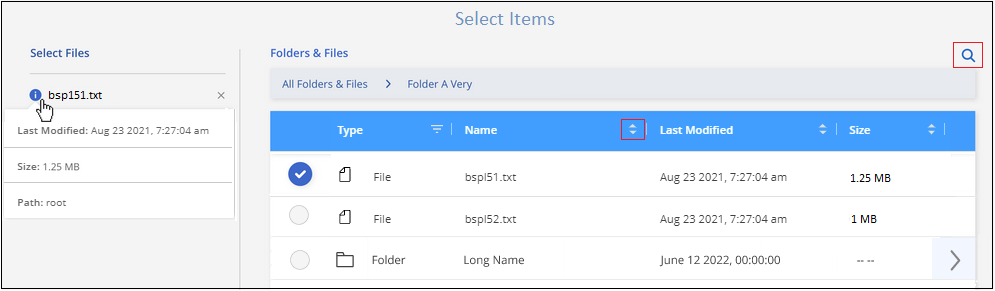 リストアするファイルに移動できるように、ファイルの選択ページのスクリーンショット。