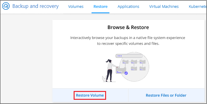 Restore Dashboard から Restore Volumes （ボリュームの復元）ボタンを選択するスクリーンショット。