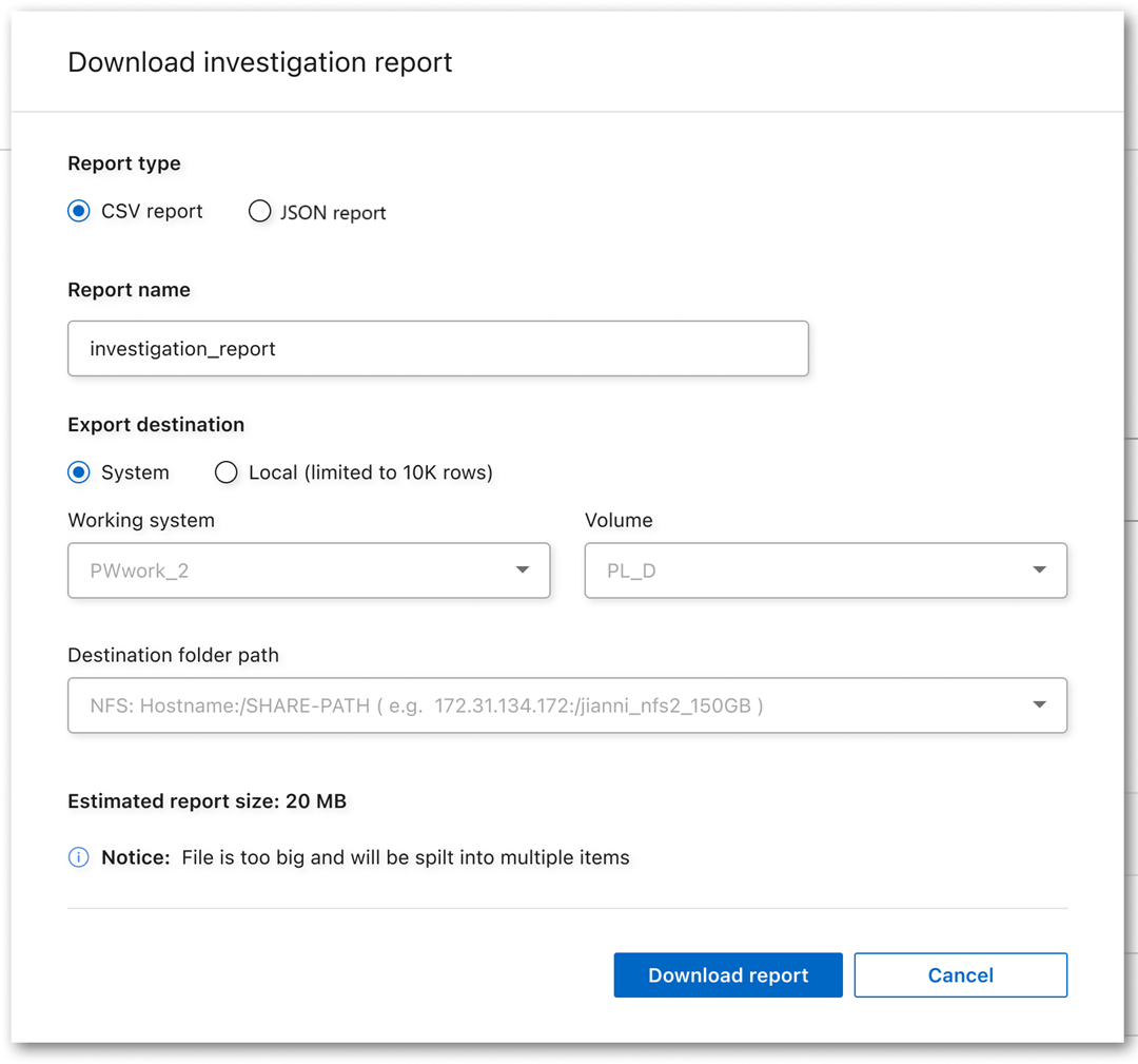 複数のオプションがある「調査レポートのダウンロード」ページのスクリーンショット。