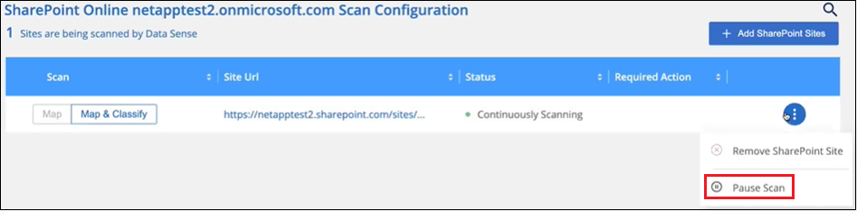 SharePointサイトでスキャンを一時停止および再開する方法を示すスクリーンショット。