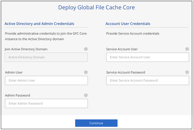 Global File Cache Core Active Directory およびサービスアカウントのセットアップに必要な設定情報を示すスクリーンショット。