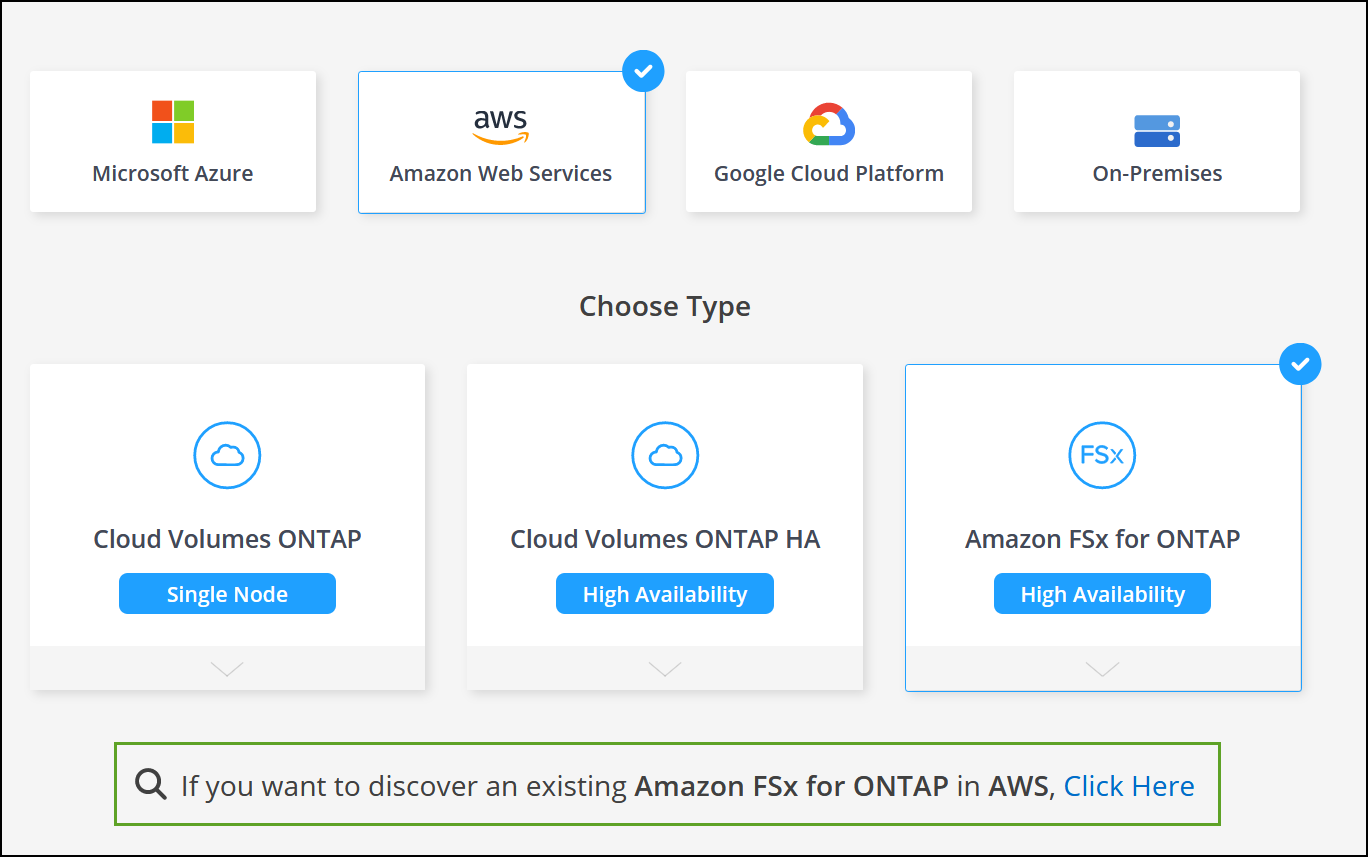 Amazon FSX for ONTAP の作業環境を検出するスクリーンショット