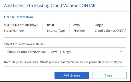 既存の Cloud Volumes ONTAP システムにライセンスを追加するためのライセンスの追加ダイアログのスクリーンショット。