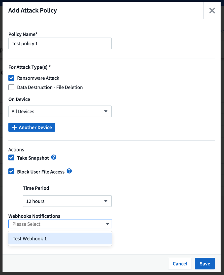 Webhookドロップダウンを表示する攻撃ポリシーダイアログを追加する