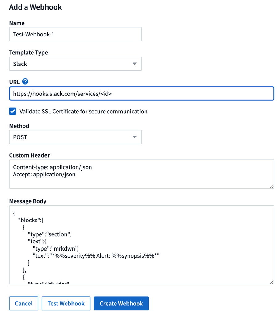 ワークロード セキュリティの Webhook Slack の例、幅 = 400