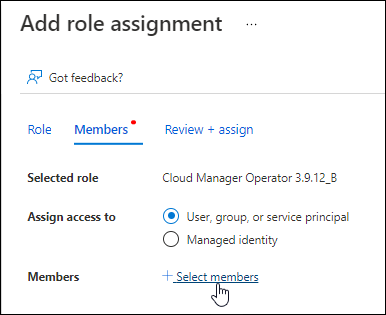 アプリケーションにロールを追加するときにメンバー ページを表示する Azure ポータルのスクリーンショット。