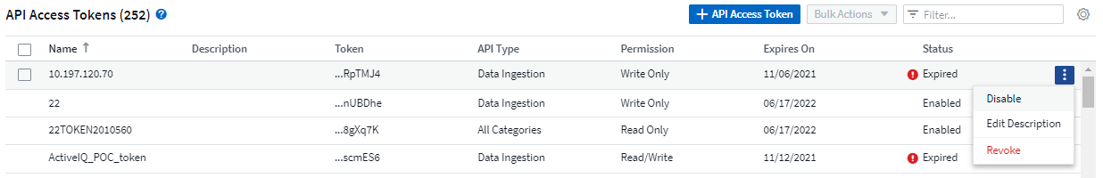 API トークンを無効にするか、無効にします