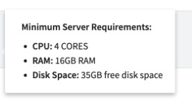 4 CPUコア、16 GB RAM、35 GBの空きディスク容量を示す最小サーバ要件のツールチップ,title="4 CPUコア、16 GB RAM、35 GBの空きディスク容量を示す最小サーバ要件のツールチップ",width=336,height=172