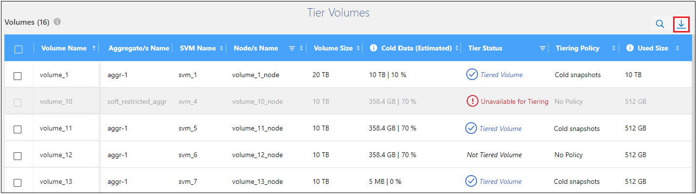 すべてのボリュームの階層化ステータスをリストする CSV ファイルを生成する方法を示すスクリーンショット。