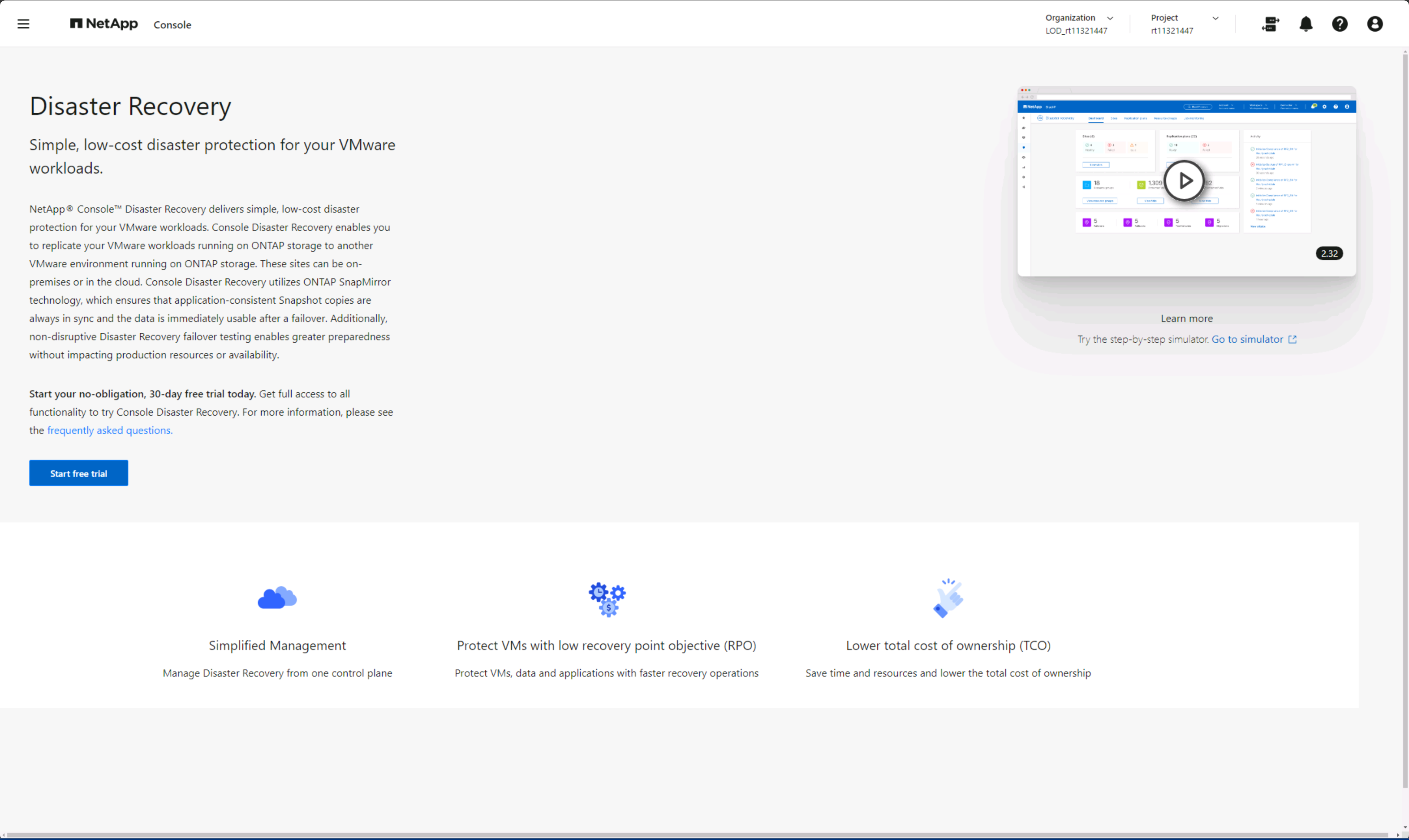 NetApp Disaster Recovery のランディング ページのスクリーンショット