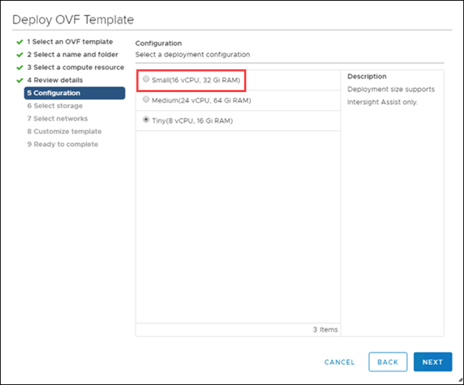 Deploy OVF Template ステップ 5 の設定のスクリーンショット