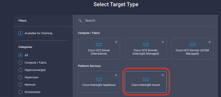 Cisco Intersight Assist を強調表示するターゲットタイプの選択のスクリーンショット