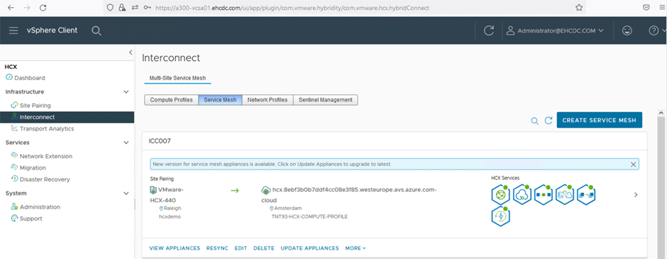vSphere クライアントの Interconnect ページの Service Mesh タブのスクリーンショット。