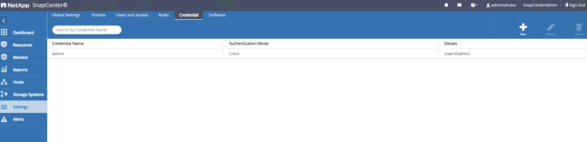 SnapCenter の構成を示すスクリーンショット。