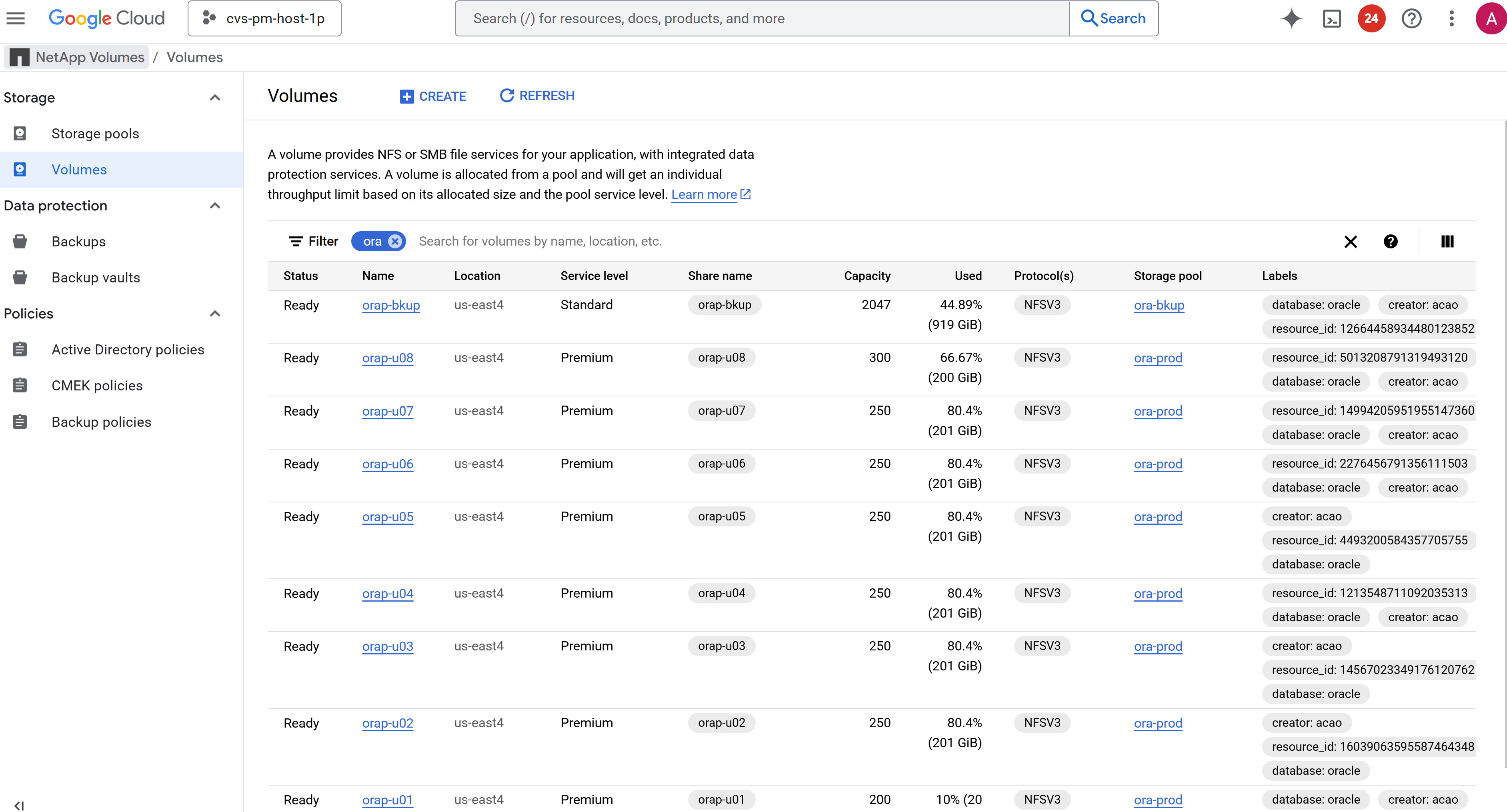 この画像は、Google クラウド ポータル コンソールの GCNV ストレージ ボリューム画面を示しています。