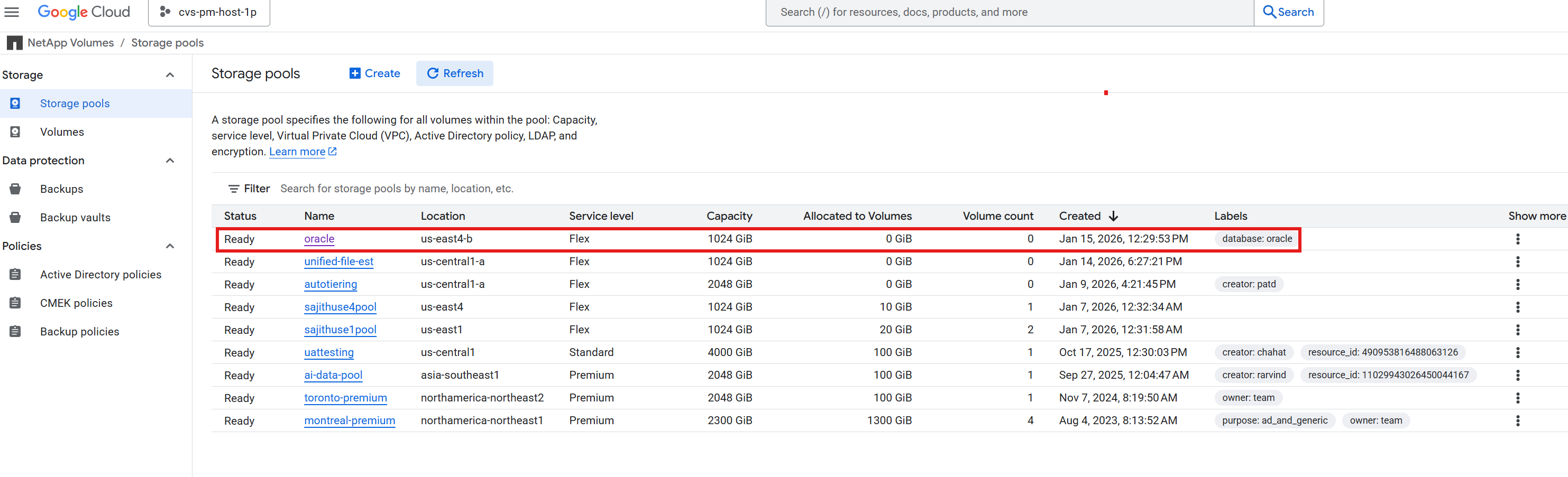 この画像は、NFSを使用したGoogle CloudでのOracleデプロイメント用のGCNVボリューム構成のスクリーンショットを示しています。
