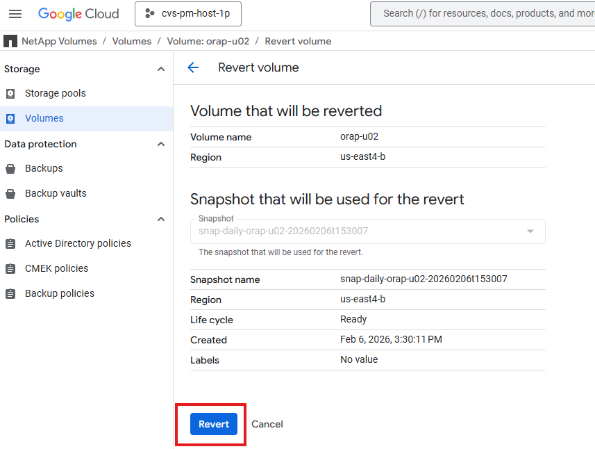 この画像は、NFS を使用した Google Cloud 上の Oracle デプロイメントにおける Google Cloud NetApp Volumes ボリュームのスナップショット復元に関するスクリーンショットを示しています。