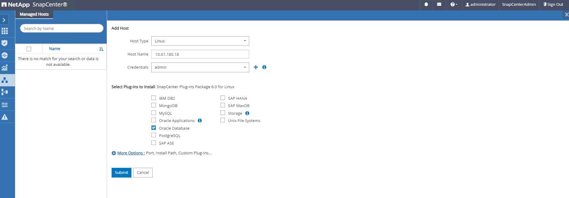 SnapCenter の構成を示すスクリーンショット。