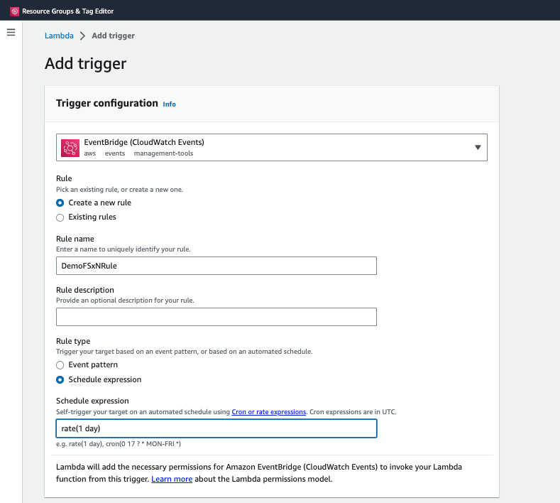 この画像は、AWS Lambda 関数コンソールのイベントブリッジ作成ウィンドウを示しています。