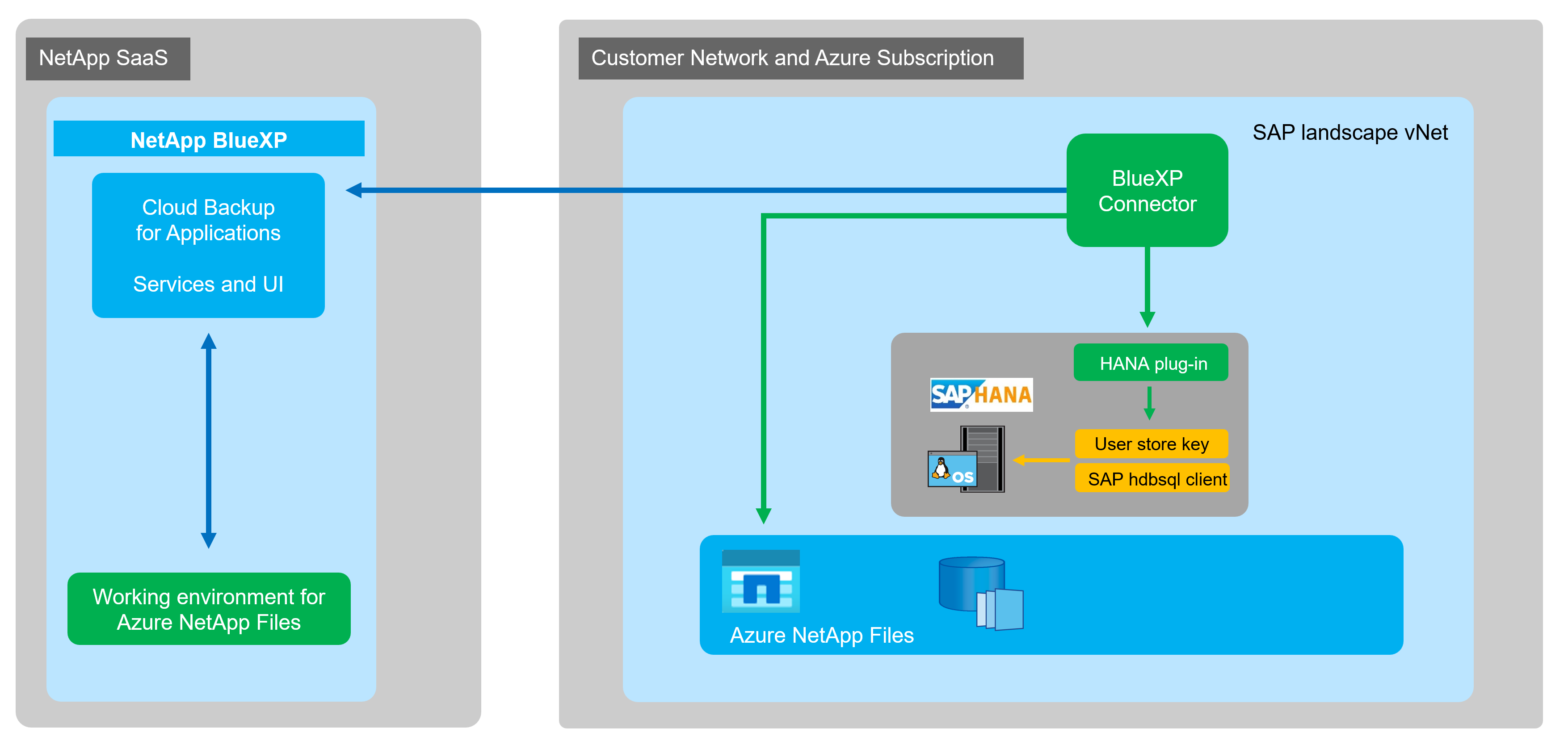 この図は、NetApp SaaSの基本アーキテクチャとお客様のネットワーク、Azureサブスクリプションを組み合わせたものです。