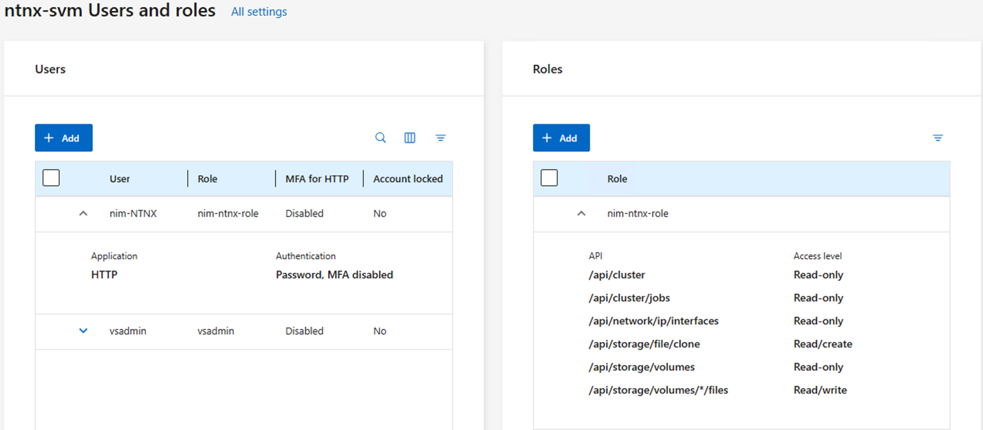 カスタムロールにマッピングされたNutanixユーザーを表示するONTAP System Managerのユーザーとロールページ