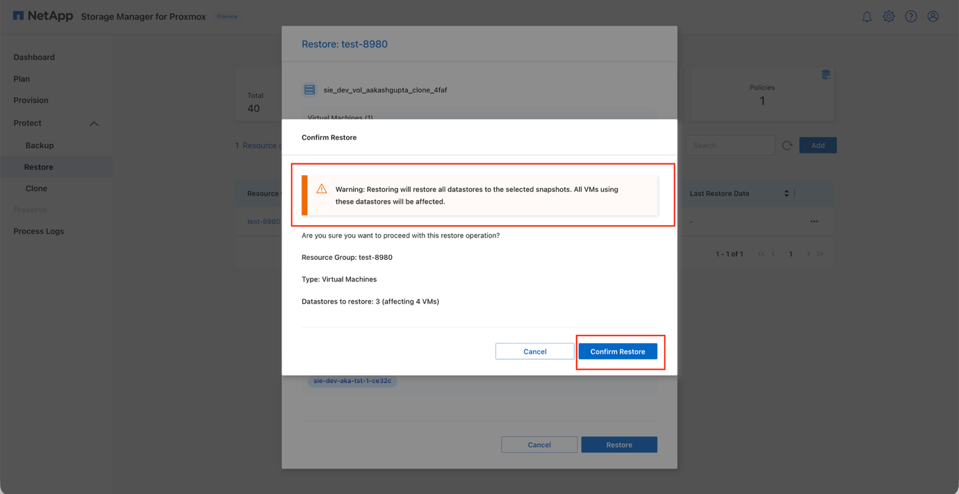 選択したボリューム上のすべてのVMを表示するストレージ レベルのリストア