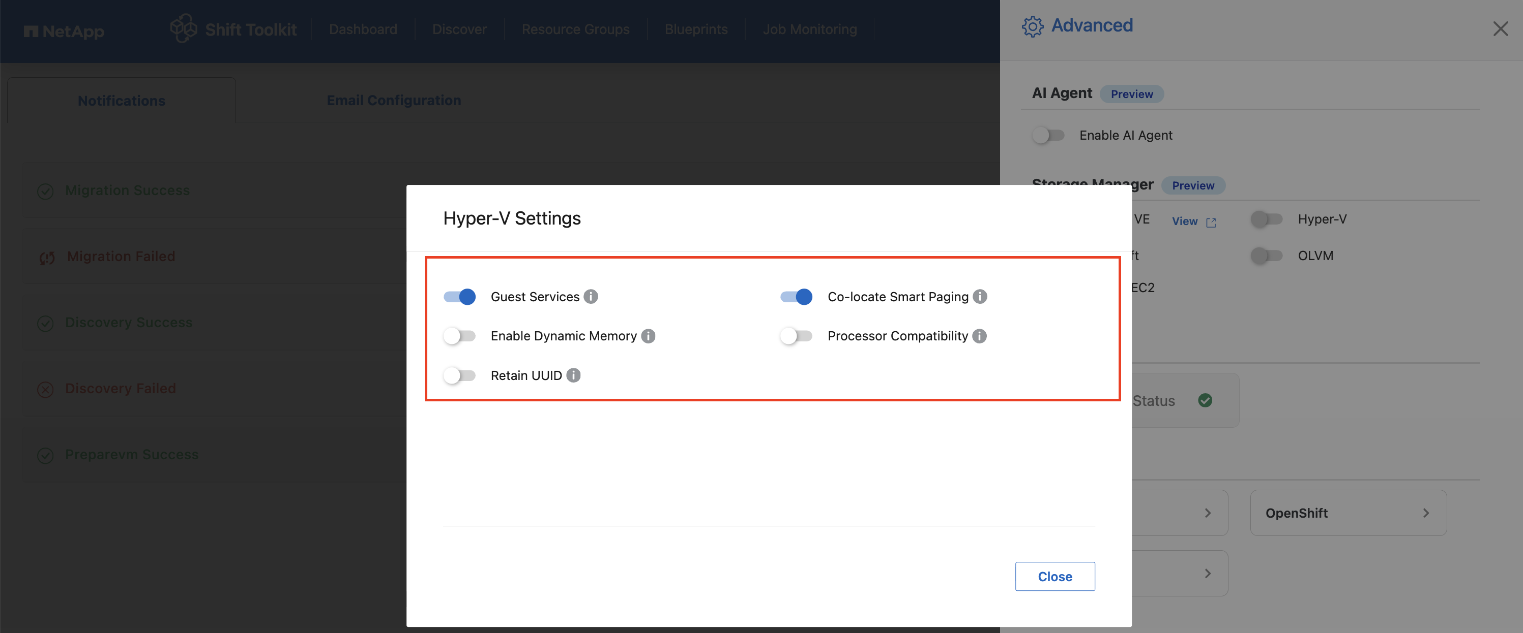 Advanced Hypervisor Settingsジョブの詳細