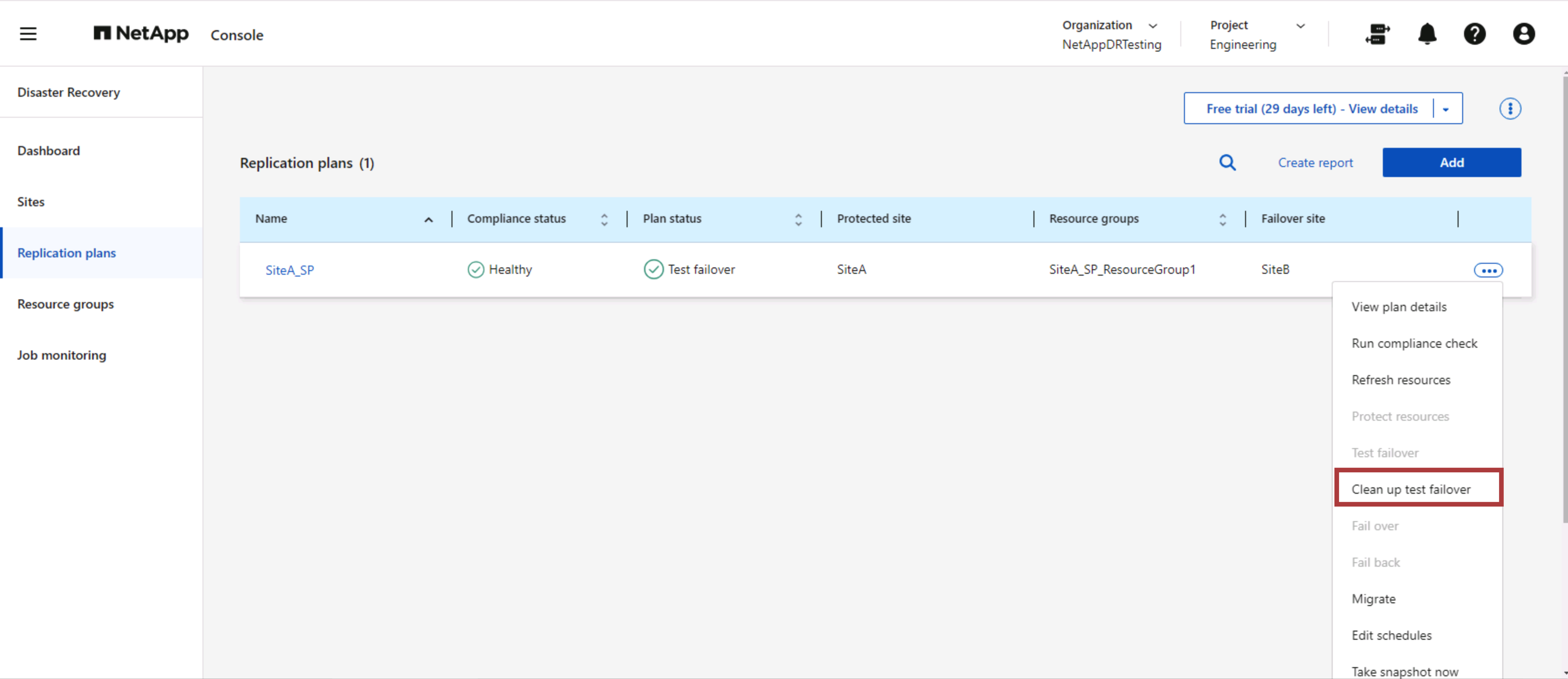 NetApp Disaster Recoveryレプリケーション プランのテスト フェイルオーバーのクリーンアップ