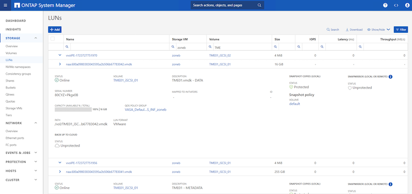 System Manager による vVol LUN 情報