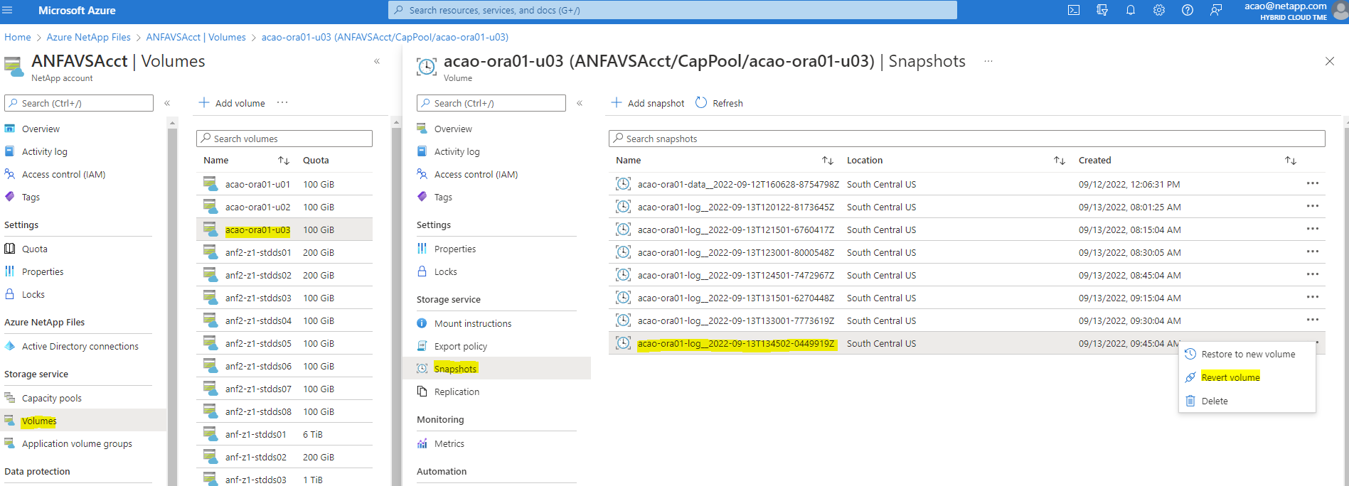 このスクリーンショットは、ANFダッシュボードに表示されるボリュームのSnapshotリバートの方法を示しています。