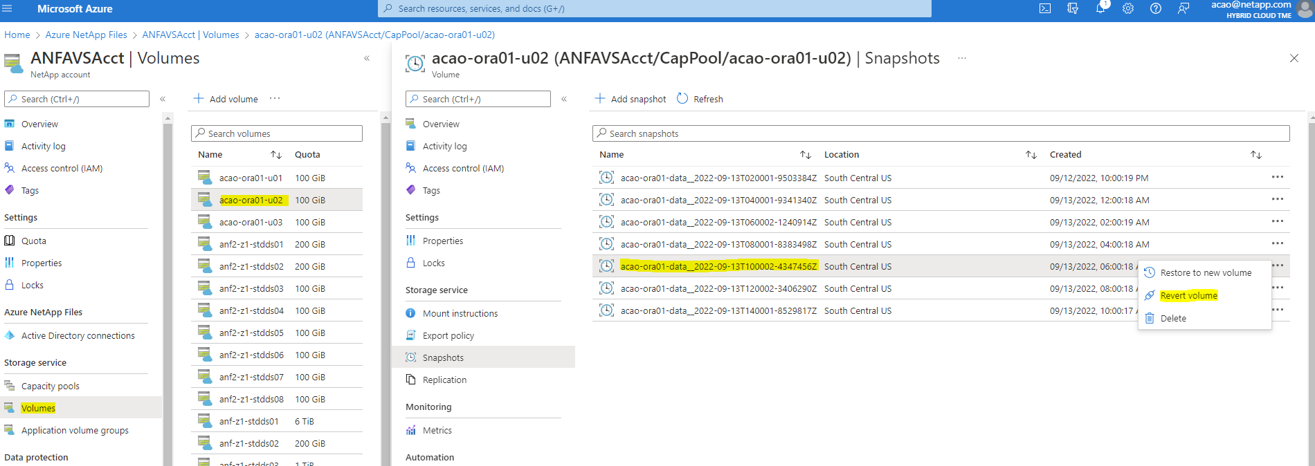 このスクリーンショットは、ANFダッシュボードに表示されるデータボリュームのSnapshotリバートの方法を示しています。