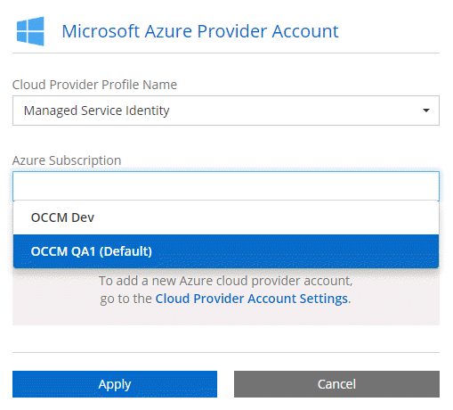 Microsoft Azure プロバイダアカウントを選択する際に複数の Azure サブスクリプションを選択できる機能を示すスクリーンショット。