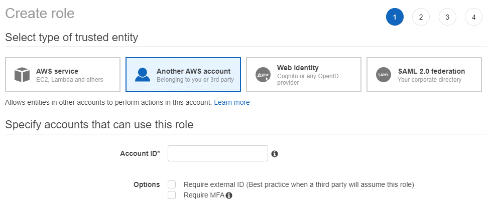 AWS IAM コンソールの Create role ページを示すスクリーンショット。Select type of trusted entity で、別の AWS アカウントが選択されています。