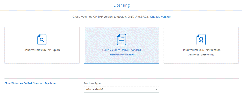 Licensing （ライセンス）ページのスクリーンショット。Cloud Volumes ONTAP のバージョン、ライセンス（ Explore 、 Standard 、または Premium ）、およびマシンタイプが表示されます。