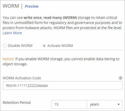 に、新しい作業環境を作成するときに使用できる WORM オプションを示します。