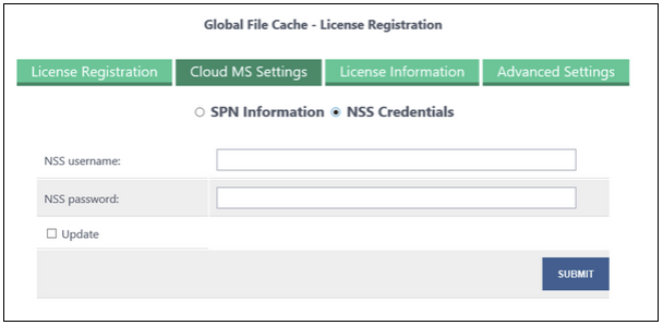 Global File Cache License Registration ページにクラウド MS NSS クレデンシャルを入力するスクリーンショット。