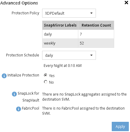 SnapVault の詳細オプション