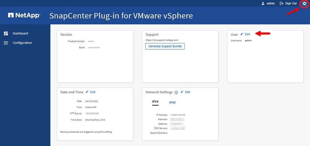 SnapCenter Plug-in for VMware vSphereのウィンドウ