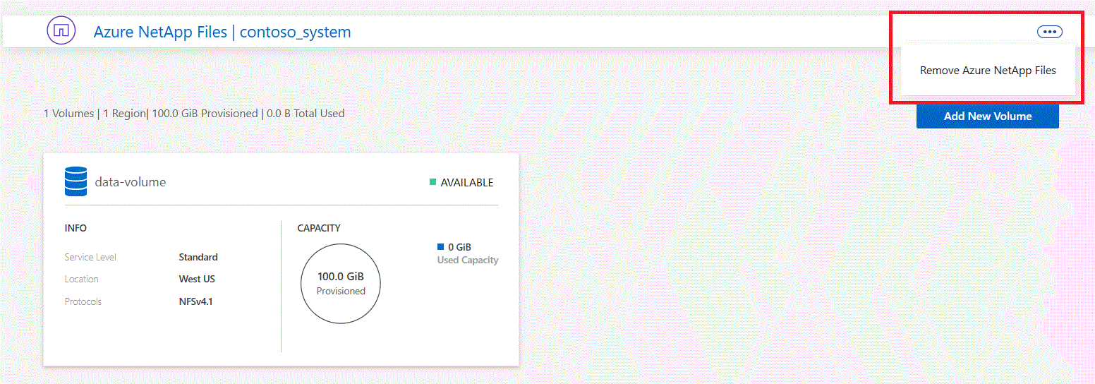 Azure NetApp Filesシステムを削除するオプションを示すスクリーンショット。