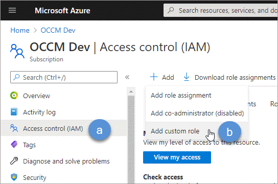 Azure ポータルでカスタム ロールを追加する手順を示すスクリーンショット。