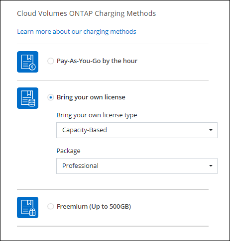 課金方法を選択できるCloud Volumes ONTAP作業環境ウィザードのスクリーンショット。