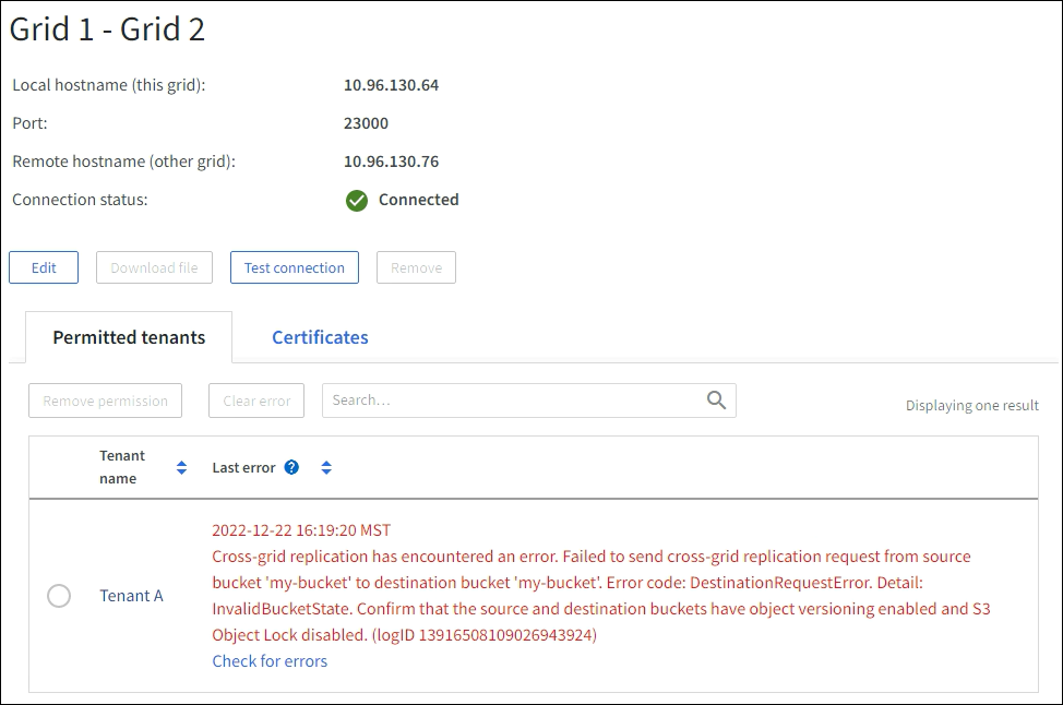 グリッドフェデレーション接続の[Last error]列に表示されるメッセージを示すスクリーンショット