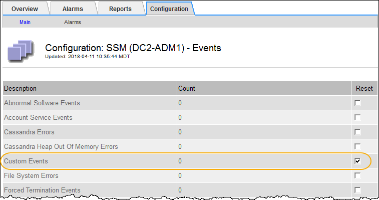 SSM のスクリーンショット > Events > Configuration > Main