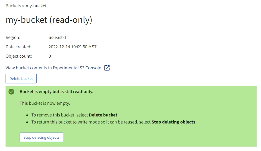 すべてのバケットオブジェクトが削除されたことを示すスクリーンショット