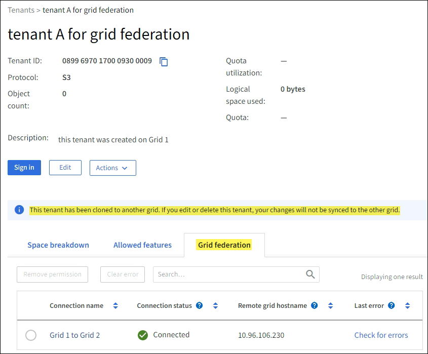 [Tenant details]ページの[Grid federation]タブ