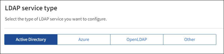 LDAP サービスタイプオプションを示すアイデンティティフェデレーションページ